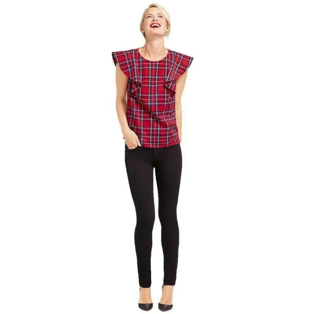 Draper James Plaid Ruffle Sleeve Top